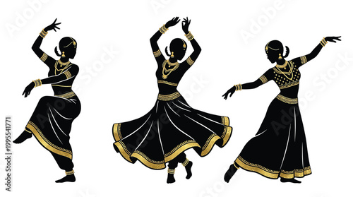 Cuadro en lienzo Set of silhouettes of indian women dancing in traditional costumes