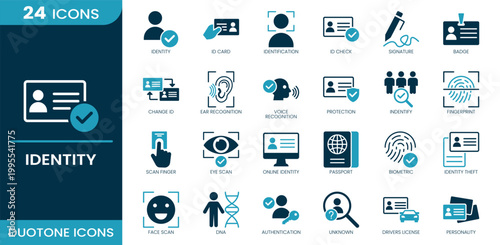 Identity icon set. Identity, identification, biometric, authentication, fingerprint, ID card, passport, security, verification. Duotone vector icons.