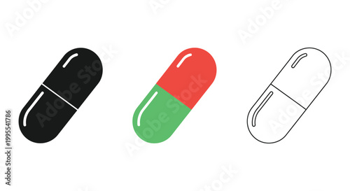 Capsule pill icon set in silhouette flat and outline styles medicine pharmaceutical drug healthcare vector illustration isolated