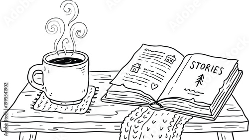 Hand-drawn vector illustration of a cozy scene with a steaming coffee cup, an open book with 'stories' text, and a knitted blanket on a wooden table.
