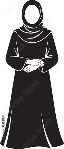 Woman in black hijab and abaya illustration with folded arms with crossed arms on black