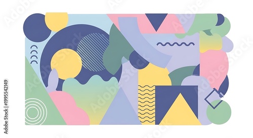 Vibrant geometric shapes create a lively abstract composition on a colorful background