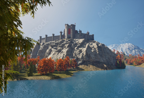 Medieval Castle on Rocky Cliff Above Lake with Autumn Trees and Mountains - Fantasy Landscape, Historic Fortress, Scenic Environment 3D Render