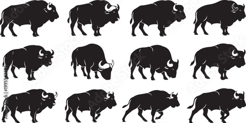 Black silhouettes of bison walking in various directions