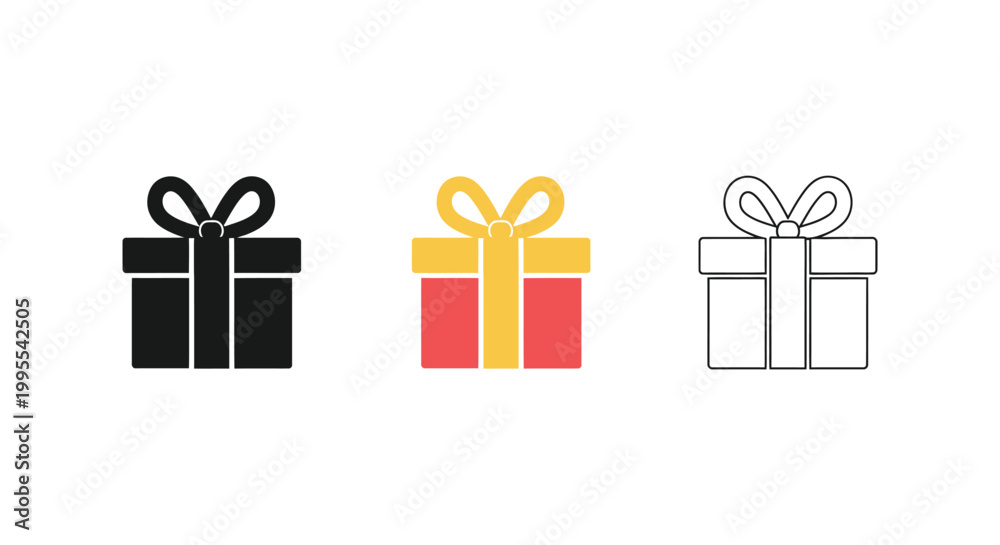 Fototapeta premium Gift box icon set in silhouette flat and outline styles present package celebration vector illustration isolated on white