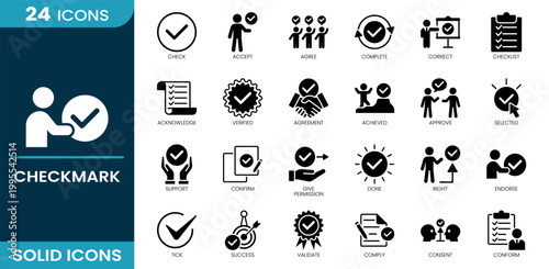 Checkmark icon set. Check, approval, verification, confirm, success, accept, checklist, validation, consent, agreement. Solid vector icons.
