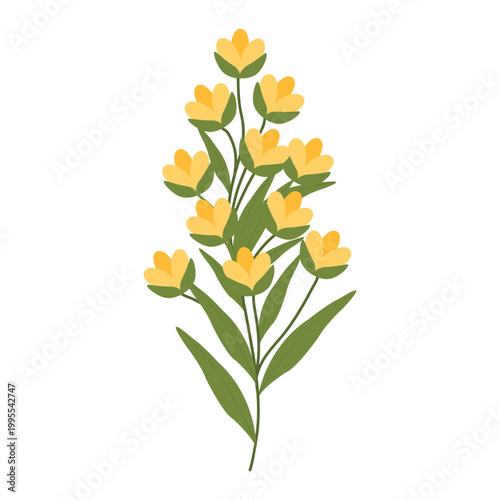 Minimal flat botanical illustration of a with small yellow flowers and green leaves.composition on light background, perfect for spring themes, nature designs, packaging, posters, greeting cards, 