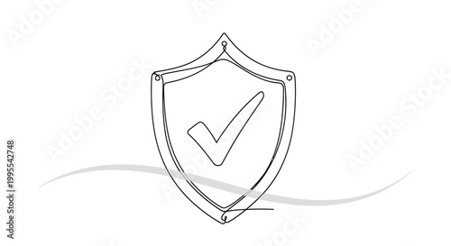 Cybersecurity shield with checkmark one line drawing icon with line art