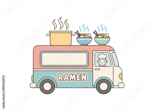 Ramen food truck flat vector illustration. Asian noodle mobile street food concept. Isolated design element