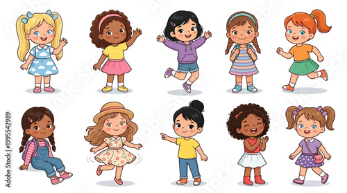 Cute Girl Full Body Character Vector Set – Kids Cartoon Female Illustration Collection