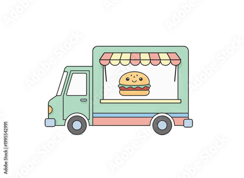 Slider burger food truck flat vector illustration. Mobile street food service window concept. Isolated design element