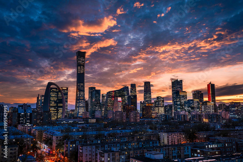 Majestic sunset over Beijing Guomao business cluster, showcasing China's urban construction and economic development