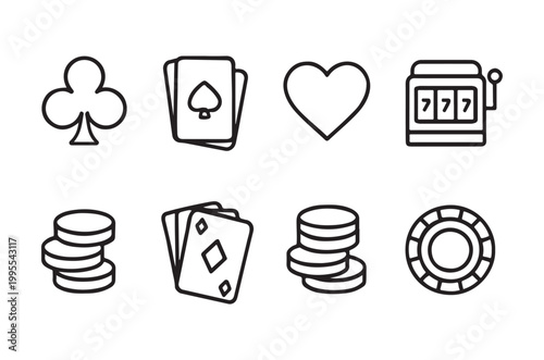 Casino game symbols cards chips slots and lucky charms depicted