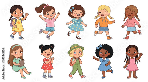 Cute Girl Full Body Character Vector Set – Kids Cartoon Female Illustration Collection