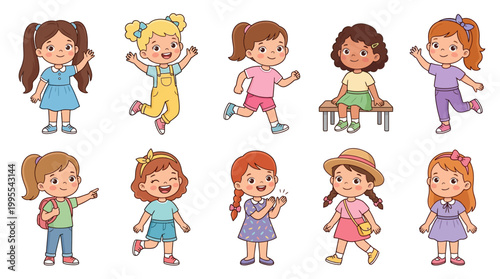 Cute Girl Full Body Character Vector Set – Kids Cartoon Female Illustration Collection