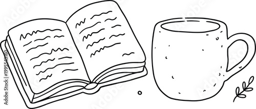 Simple line art illustration of an open book and a textured coffee mug with a small leafy branch, set against a transparent background.