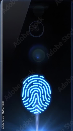 Futuristic Blue Fingerprint Scan Animation with Light Rays on a Dark Smartphone Screen