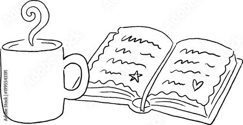 Cozy reading with hot beverage steaming from mug and open book with handwritten notes and drawings.