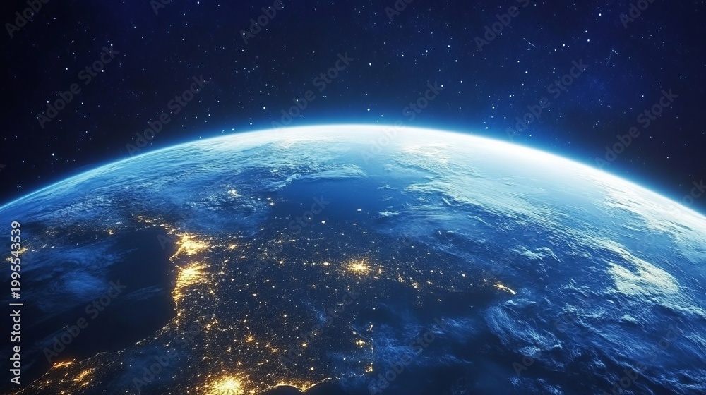 Fototapeta premium Astronaut Observing Earth from Space Stunning Night Radiance of Cities and Celestial Beauty