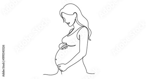 Elegant continuous line art illustration of an expectant mother tenderly holding her pregnant belly, embodying grace and anticipation
