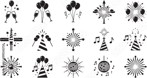 Black and white party celebration icons set
