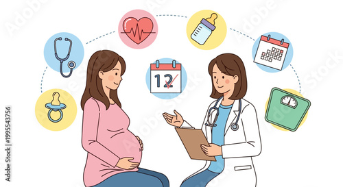 Pregnant woman discussing her health with a doctor, surrounded by essential medical icons for prenatal care and maternal wellness