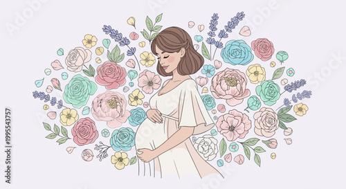 Serene illustration of a glowing pregnant woman embraced by an abundance of delicate flowers, representing the wonder of fertility and nature's embrace