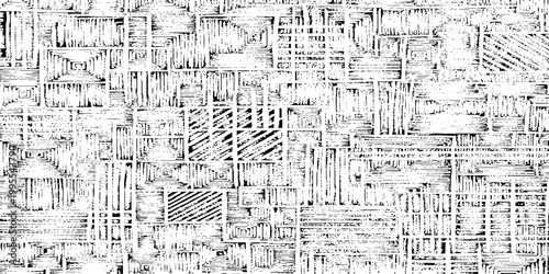 Geometric abstract black and white vector pattern with intersecting lines and shapes forming a complex composition