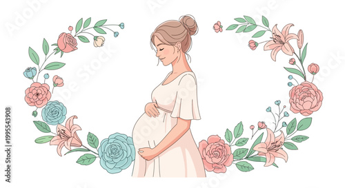 Beautifully illustrated depiction of a pregnant woman embracing her baby bump, surrounded by a delicate floral wreath, symbolizing maternity and new beginnings
