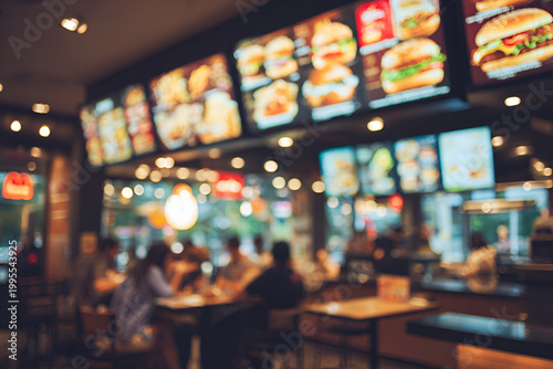 Blurred background of a bustling fast food restaurant with illuminated menu boards and customers dining.