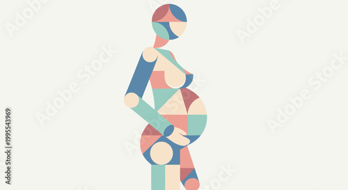 Modern geometric pattern design of a pregnant female figure, an artistic representation of motherhood and the concept of new beginnings, family growth, and anticipation