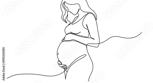 Minimalist Line Art Illustration of a Pregnant Woman's Silhouette, Celebrating Motherhood and Expectation