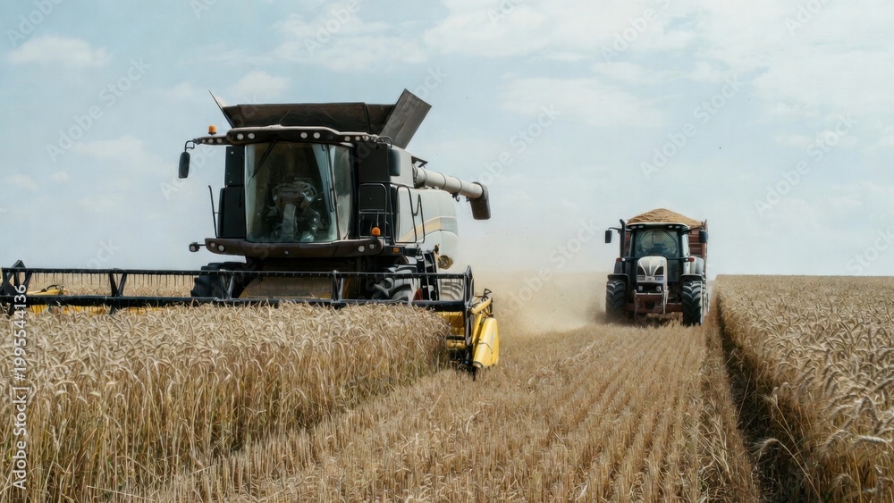 Obraz premium Combine and tractor working together harvesting wheat field