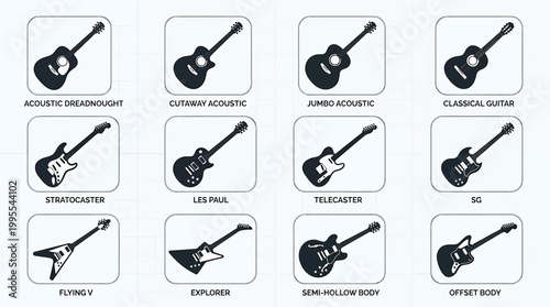 Vászonkép Guitar body types and shapes infographic icon set collection of acoustic and ele