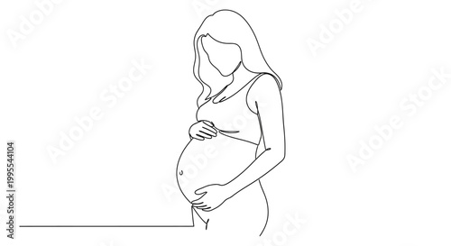 Minimalist continuous one line drawing of a pregnant woman, gently embracing her baby bump, symbolizing new life, motherhood, and expectation in a serene art style