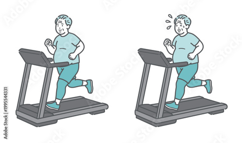 トレッドミルで運動するぽっちゃり体型のシニア男性の比較セットイラスト