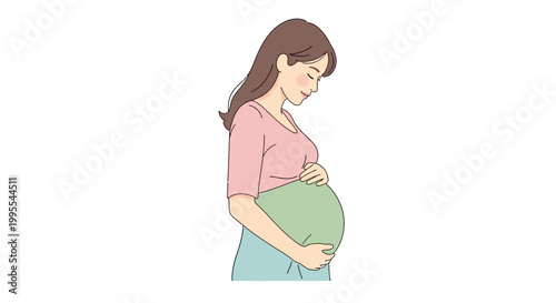 Illustration of a happy pregnant woman holding her baby bump with a soft smile, celebrating motherhood and new life