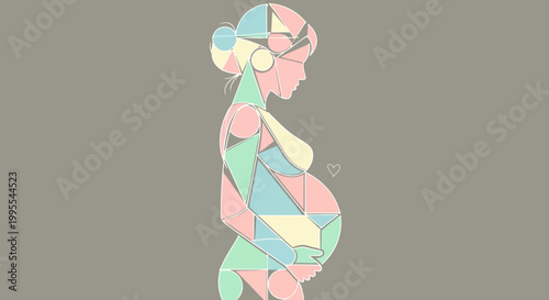 Abstract geometric illustration portraying a pregnant woman, her form constructed from colorful shapes, symbolizing the journey of motherhood and the anticipation of new life