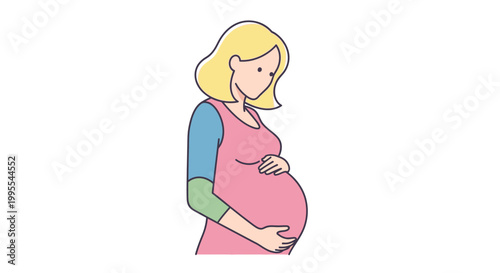 Illustration of a pregnant woman with her hands on her belly, depicting a happy and healthy pregnancy journey and anticipation for childbirth