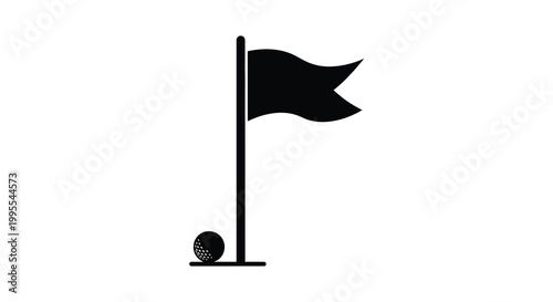 Simple black and white illustration of a golf flag and ball