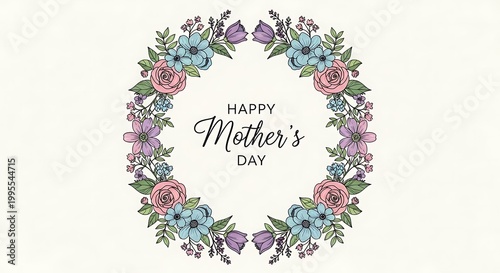 Happy Mother's Day floral wreath with pink roses and blue flowers on white