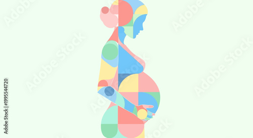 Artistic silhouette of a pregnant woman created from geometric shapes in pastel colors