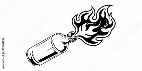 A black and white illustration of a molotov cocktail with flames