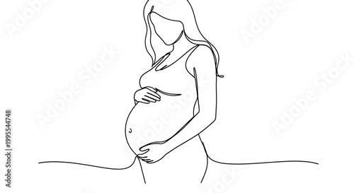 Minimalist line art illustration of a pregnant woman cradling her baby bump with both hands, symbolizing new life and maternal love