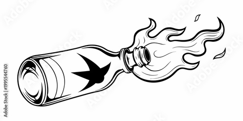 A vintage bottle with a star and flames monochrome illustration