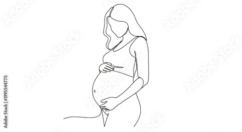 A minimalist continuous line drawing of a pregnant woman cradling her belly, symbolizing motherhood and anticipation