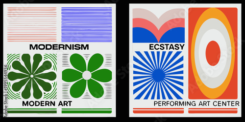 Two vibrant geometric posters featuring text and abstract shapes