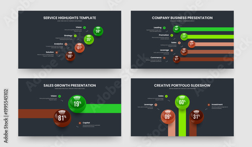 Creative Analysis 4 5 2 3 Option Graph Presentation Template Set. Enterprise Report Four Five Two Three Element Chart Slide Layout Vector Illustration Collection.