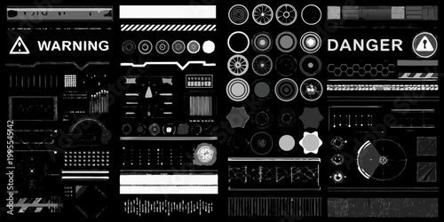 A collection of futuristic technical interface elements in black and white