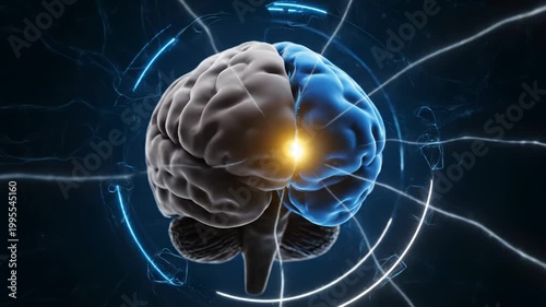 Realistic 3D rendering of a human brain with a bright glowing central core and blue-lit right hemisphere, surrounded by digital neon rings on a dark blue textured background.